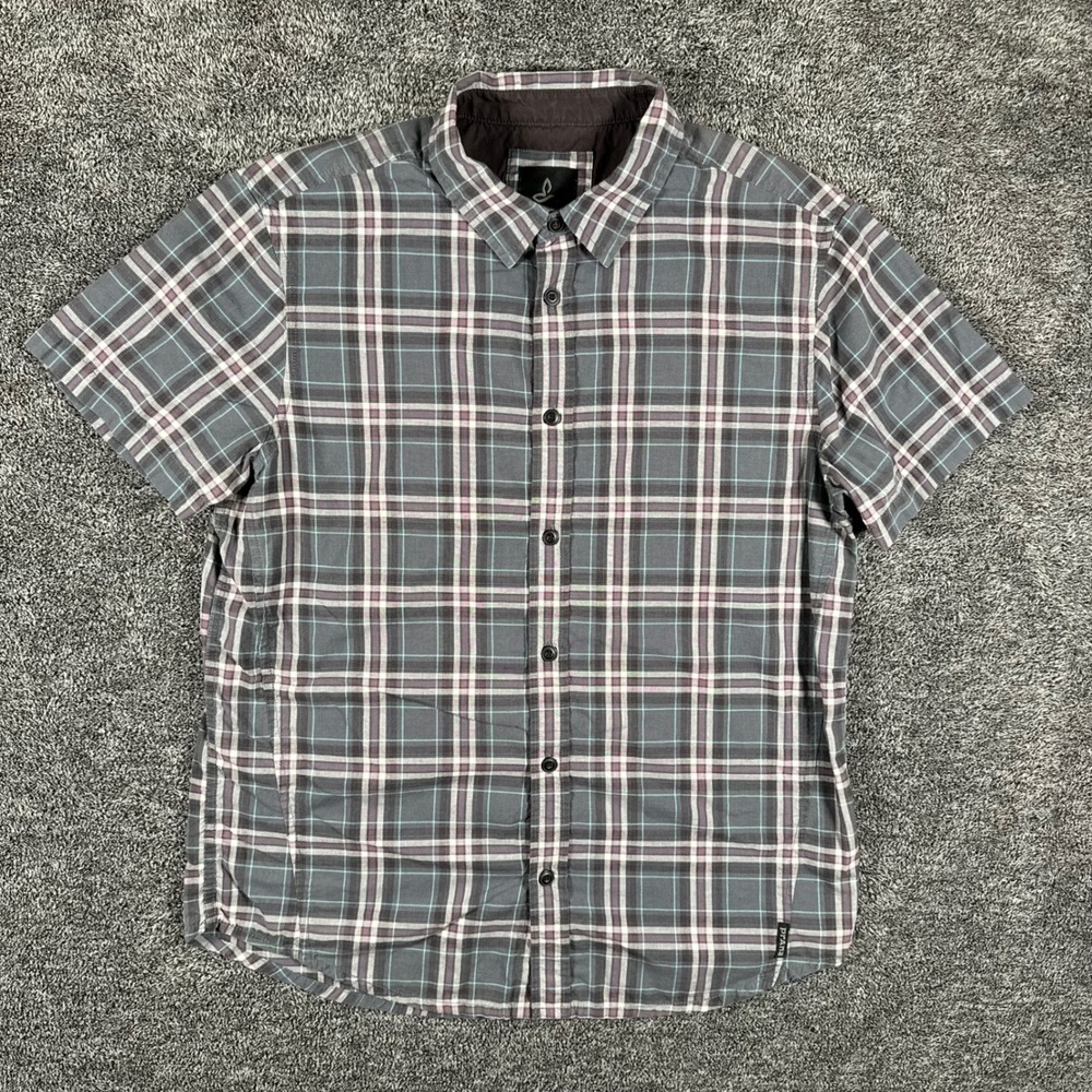 Prana Shirt Mens Medium Grey Plaid Short Sleeve Button Down Organic Cotton Blend